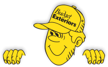 yellow cartoon man with Budget Exteriors hat on.